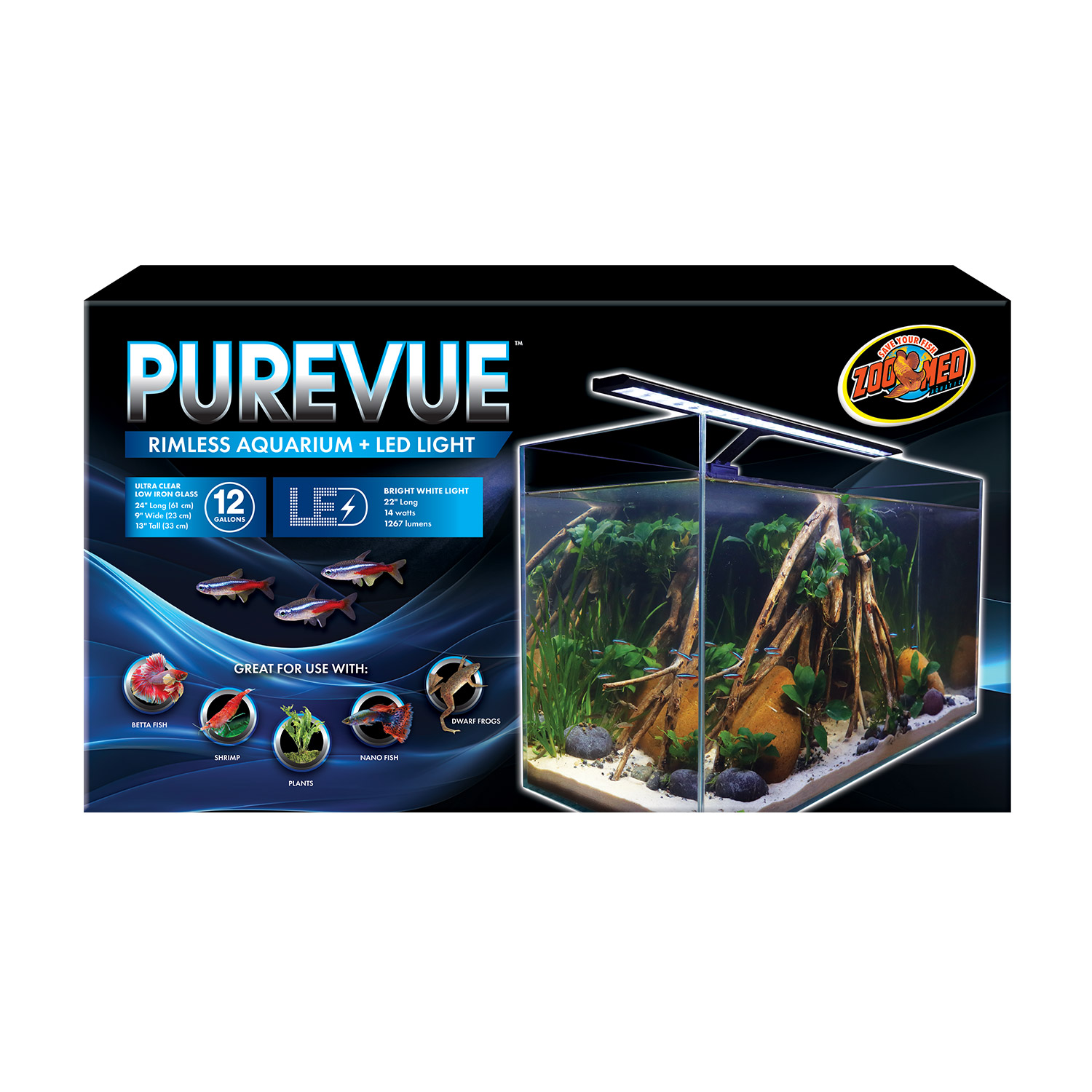 Zoo Med Purevue Rimless Aquarium w/ LED Light 12GAL